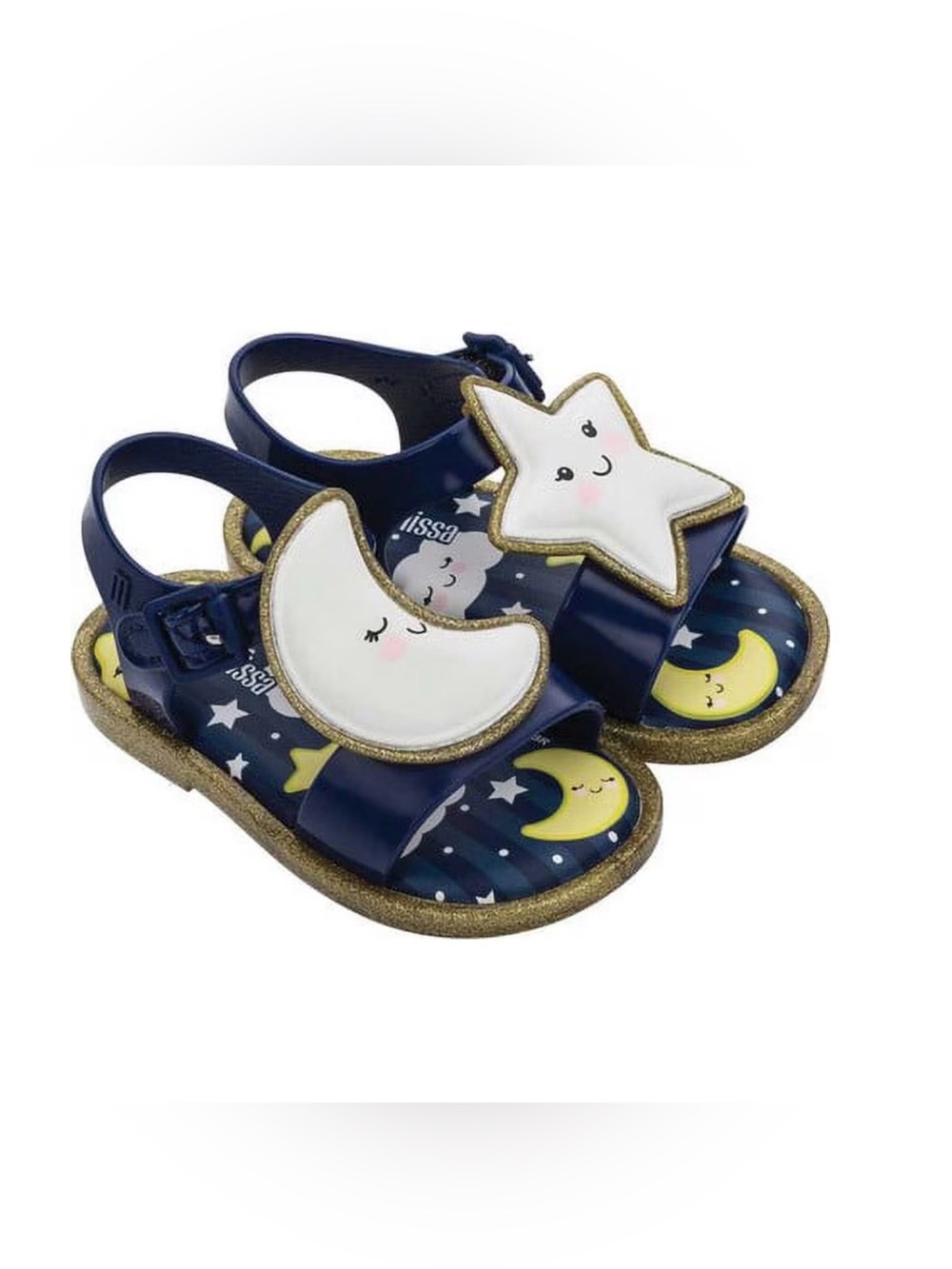 Mini Melissa Kids Navy Moon & Star Jelly Sandals with Gold Glitter Trim New